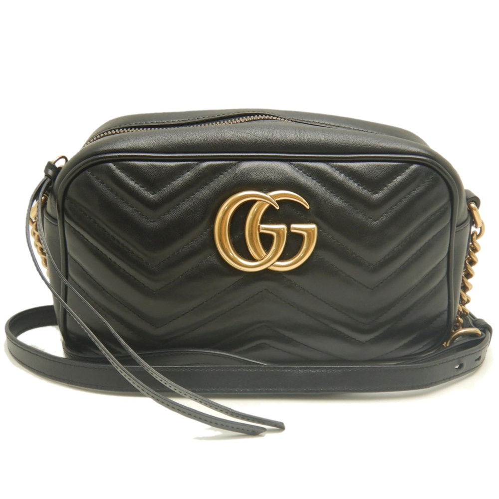 GUCCI Authentic Black Leather GG Marmont Shoulder Bag